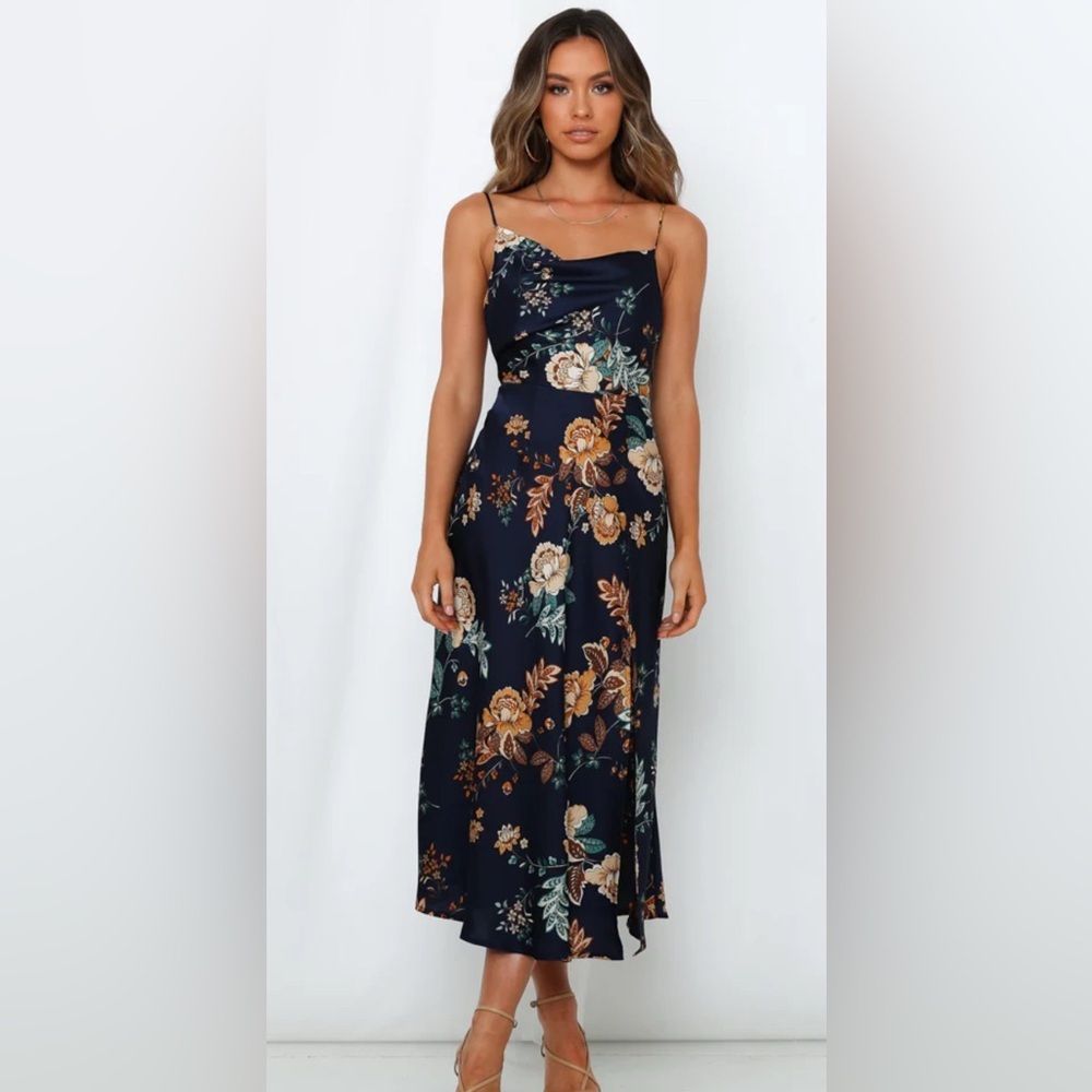 Hello Molly Atlas Maxi Dress Navy Floral Cowl Scoop Neck Spaghetti Strap, Size 4